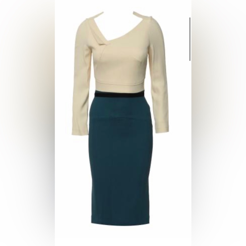 Roland Mouret Cream/Black Colorblock Assymetric Neckline Sheath Dress.